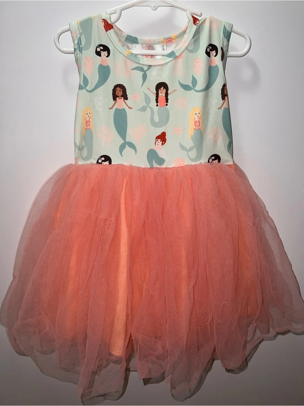 *Rip in Top Layer Tulle* Girls' 3T Mermaid Print Tulle Dress - Coral Skirt